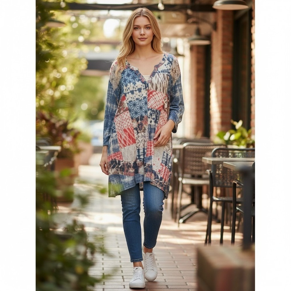 Multiples Artsy Mixed Patchwork Print Tunic Top V-Neck Long Sleeve 2XL Blouse
